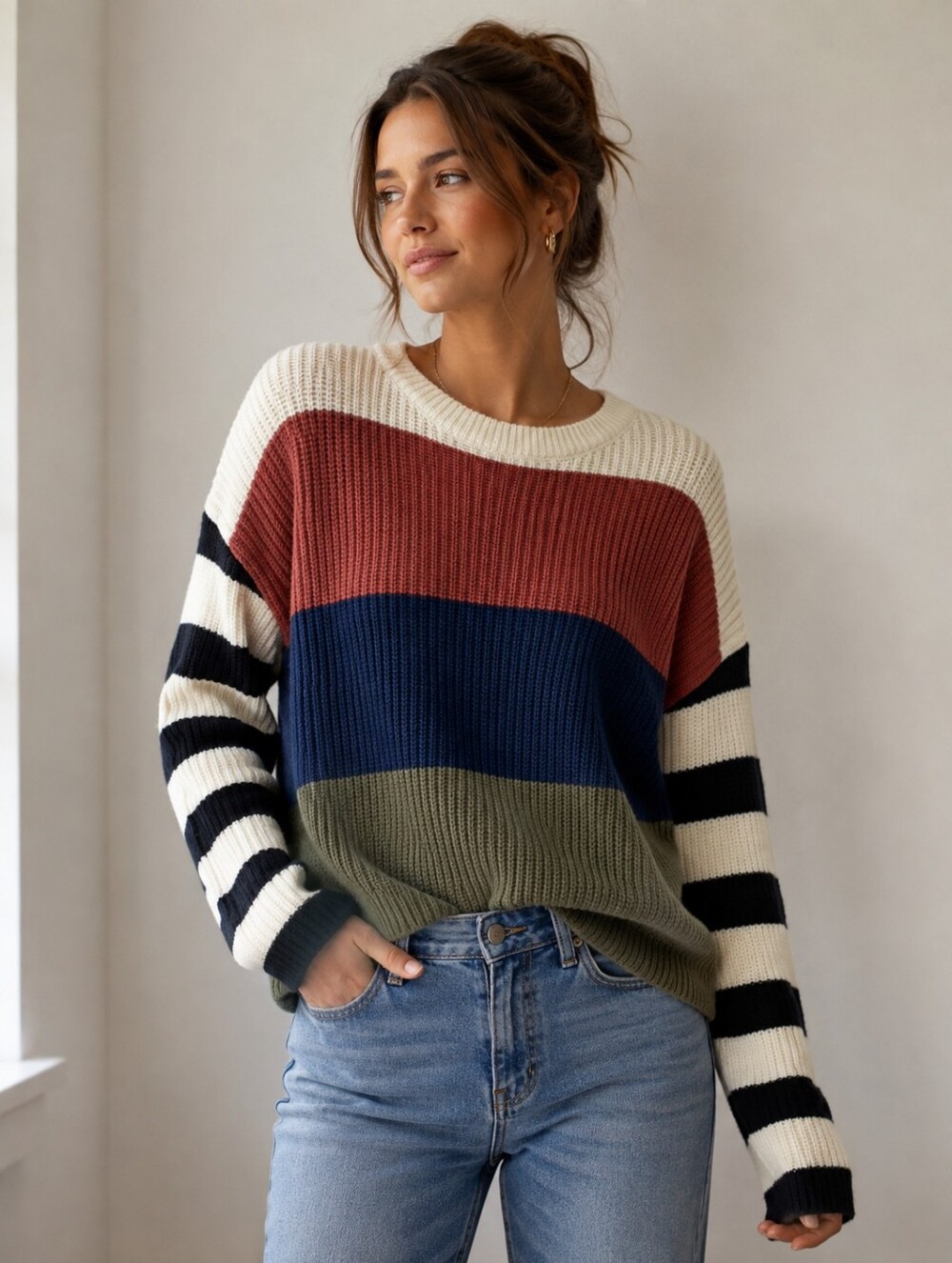Eesome Multicolor Striped Crew Neck Sweater